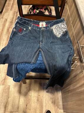 Vintage Y2K Kanji Embroidered Baggy Wide Leg Jeans Skull Phoenix 38x34